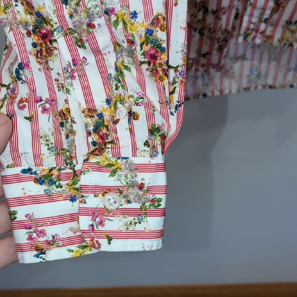 Frank&Eileen Floral Red‎ Striped Button Up Shirt Medium Cottage Preppy Whimsy - Picture 5 of 8